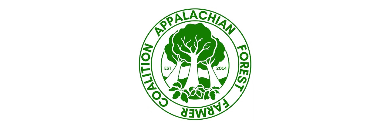 A logo, Appalachian Forest Farmer Coalition, established 2014, three trees, three plants, and mountains in a center circle